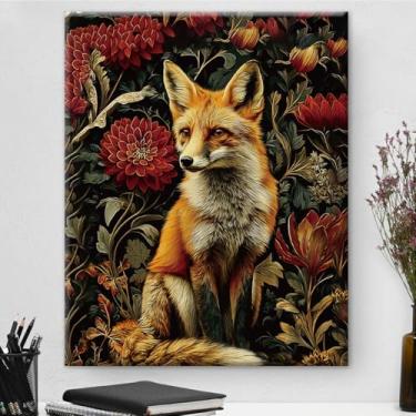 Imagem de Arte de parede botânica de raposa vermelha vintage emoldurada - Decoração de parede com flores escuras Academia para quarto, quarto, casa 20 x 25 cm