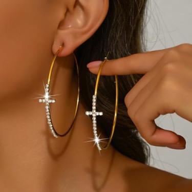 Imagem de Brincos de argola de cruz para mulheres, conjunto de joias grandes com strass para presente