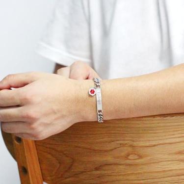 Imagem de Pulseira personalizada de identificação médica gravada para doenças, pulseira de saúde gravada com identificação à prova d'água, pulseiras sólidas de elos cubanos, aço inoxidável, 20 cm + 5 cm