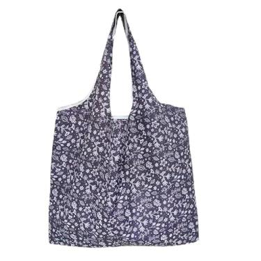 Imagem de 1 bolsa de compras grande, bolsa quadrada de tecido floral impermeável, bolsa dobrável portátil para mulheres, ideal para compras, viagens e uso diário, estampa floral azul