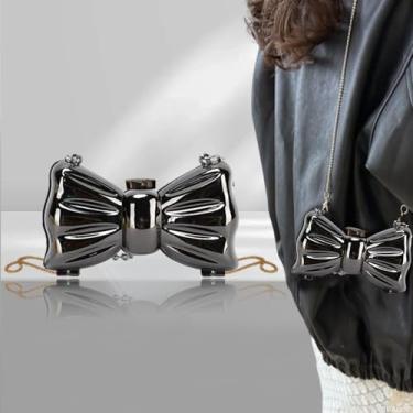 Imagem de Mini bolsa de noite feminina brilhante estruturada com alça de corrente, bolsa de ombro moderna com laço estrela para casamento, Preto