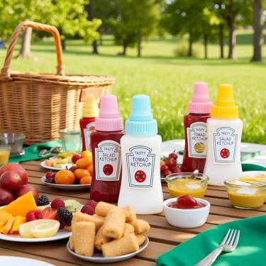 Imagem de Mini garrafas de molho portáteis para viagens, garrafas de plástico para ketchup e molho de salada, dispensador de condimentos recarregável para temperos