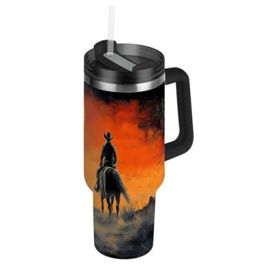 Imagem de Blueangle Copo caubói americano de 850 g com alça e tampa de palha, caneca de viagem de aço inoxidável isolada a vácuo de parede dupla, garrafa de água reutilizável para academia de escritório ao ar