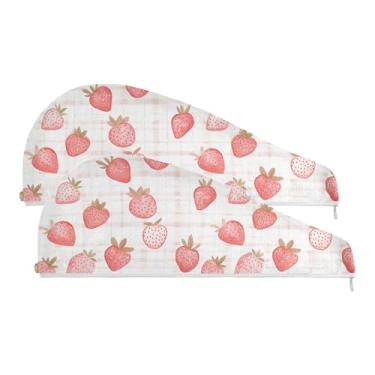 Imagem de SEHANY Toalha de cabelo de microfibra de morangos rosa aquarela para mulheres, 2 peças, turbantes de cabelo de secagem rápida com botão, touca de cabelo seco absorvente toalha de secagem de cabelo