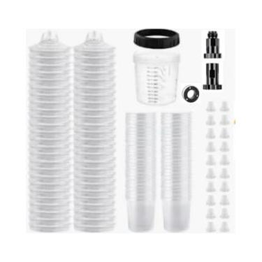 Imagem de BlumWay Pacote com 50 copos descartáveis para pistola de tinta, sistema de pintura para pistola de tinta spray LVLP e HVLP, kit de 600 ml - 50 copos e tampas, 20 plugues, 1 copo rígido com anel