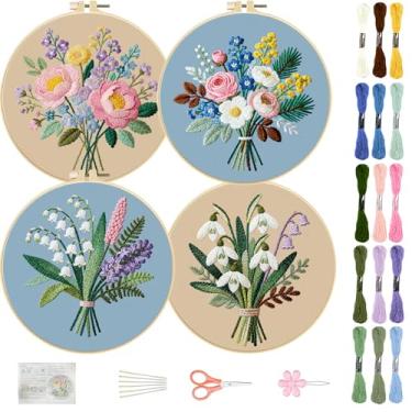 Imagem de FREEBLOSS 4 conjuntos de kit de bordado para iniciantes, buquê de bordado, kit para iniciantes com instruções, agulhas, fios, 2 argolas de 29,5 cm