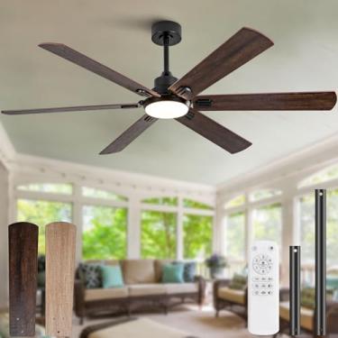 Imagem de Ventiladores de teto reguláveis com luzes, ventilador de teto de 152 cm com controle remoto, ventilador de teto preto moderno com luz para ambientes externos internos e 6 lâminas silenciosas