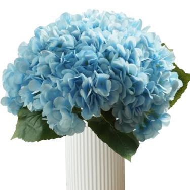 Imagem de Bairdish 4 peças de hortênsia azul flores artificiais de seda de toque real com haste longa para arranjos florais, buquês falsos para mesa de casamento, centro de mesa, sala de estar, decoração de