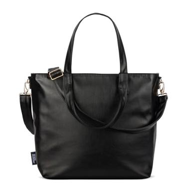 Imagem de Simple Modern Bolsa de couro vegano para mulheres | Bolsa preta pequena para laptop com zíper superior para viagens, escola, professora | Bolsa de ombro com alça transversal, compartimentos e bolsos |