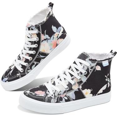 Imagem de Obtaom Sapatos femininos e masculinos de lona de cano alto, tênis fashion de cano médio casual com cadarço, cano alto, sapatos de lona lavados, Preto/floral, 10 Women/8 Men