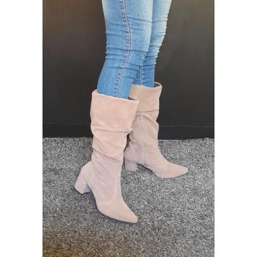 Imagem de Botas Femininas Bico Fino Salto Bloco Couro Camurça Lirom, Cinza rato,