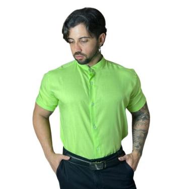 Imagem de Camisa Social Gola Padre Masculina Slim Fit Manga Curta - Volgue, Verd