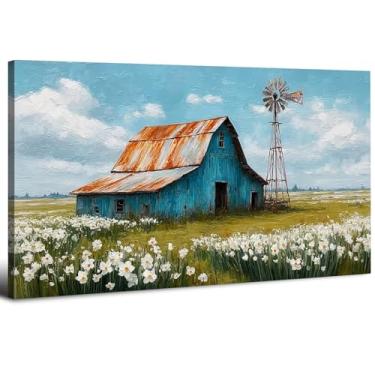 Imagem de Arte de parede de celeiro de fazenda decoração de parede moinho de vento vintage margarida flores imagens em tela sala de estar rústica natureza rústica paisagem fazenda antiga pôster arte cozinha