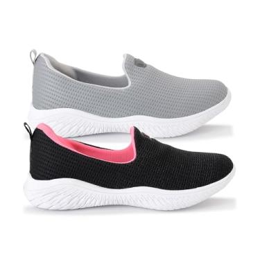 Imagem de Kit 2 Sapatilha Feminina Ortopédica Calce Fácil Sem Cadarço Facite Esporão Leve Confortável (Preto/Rosa e Cinza, BR, Adulto, Numérico, 39)