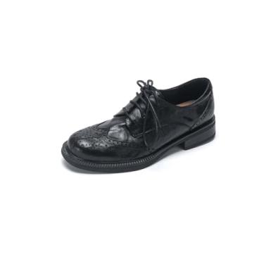 Imagem de TinaCus Sapato feminino de salto Oxford feito à mão bico redondo com cadarço na ponta das asas, Preto, 36