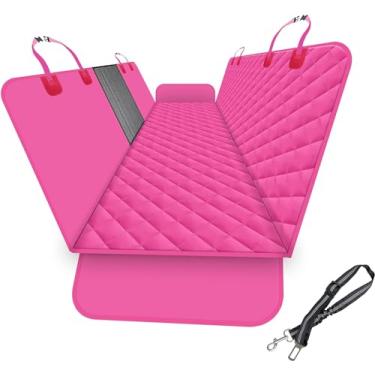 Imagem de Capa de banco traseiro para carro SUV e caminhão com janelas de malha, material resistente a arranhões e resistente à água, versão atualizada, rosa (com coleira para cães)