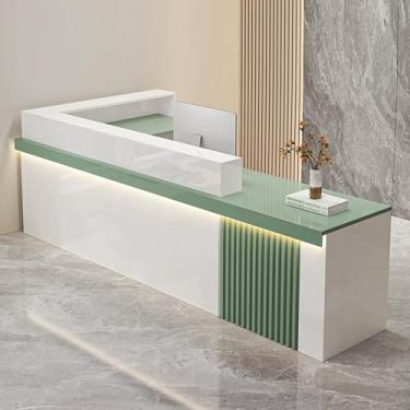 Imagem de Mesa de recepção moderna com gaveta com trava | balcão de recepção com grande armazenamento para loja de roupas, salão de beleza, lobby - verde (140 cm/55,1 pol.)