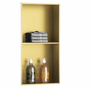 Imagem de Prateleira de nicho de chuveiro de aço inoxidável premium, organizador de banheiro embutido à prova d'água, divisória de metal antiarranhões para chuveiro, cozinha e sala de estar (ouro, 30 x 68 cm)