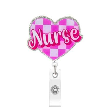 Imagem de Carretel de crachá de coração rosa para dia dos namorados, porta-crachás retráteis, formato de grade de coração, carretel de crachá de enfermeira com glitter, clipe de crachá de dia dos namorados
