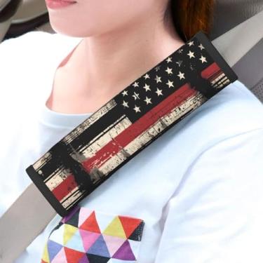 Imagem de MAGIFUN Almofadas de cinto de segurança para carro, bandeira americana, pacote com 2, capas de alça de ombro para cinto de segurança, padrão de bandeiras dos EUA, acessórios de carro, capa de alça de