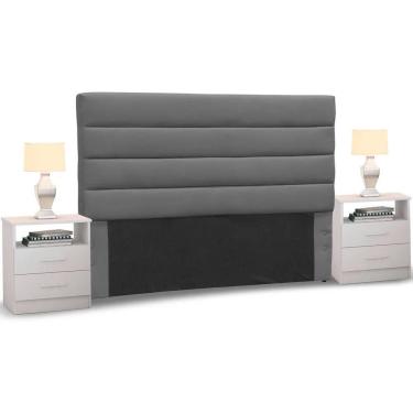 Imagem de Cabeceira Cama Box Casal King 195cm Greta Suede Cinza e 2 Mesas de Cabeceira Flex Branco - Mpozenato