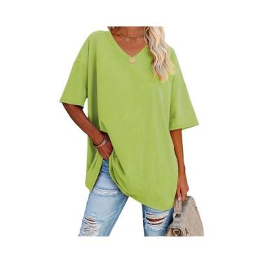 Imagem de Camiseta Feminina plus Size De Cor Sólida Com Decote Em V E Mangas Cur