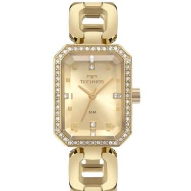 Imagem de Relogio Technos feminino dourado quadrado pequeno cravejado strass sof