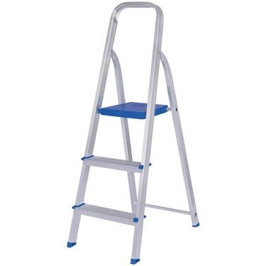 Imagem de Escada Doméstica 3 Degraus Alumínio Dobrável com Trava Automática 120kg Prata Mor