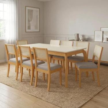 Imagem de Conjunto Mesa de Jantar em Madeira Maciça com Vidro e 8 Cadeiras Estof