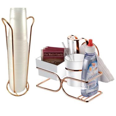 Imagem de Kit Café 2 Peças Suporte Copos 200ml Porta Sachês Guardanapos Adoçante Rose Gold - Future