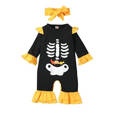 Imagem de Macacão de manga comprida para bebês recém-nascidos com desenho de Halloween e patchwork de algodão com babados (preto, 6 a 12 meses)