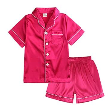 Imagem de Conjunto de pijama infantil de cetim de seda e manga curta, 2 peças, com botões, roupas de Páscoa para meninos, Rosa choque, 10-11 Years