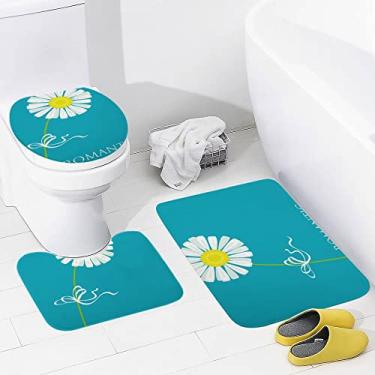Imagem de Conjunto de tapetes de banheiro 3 peças de buquê de margaridas brancas laváveis, tapete antiderrapante, tapete de contorno e tampa para banheiro
