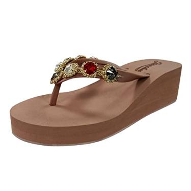 Imagem de Sandálias de dedo respirável com clipe para mulheres sandálias romanas confortáveis de verão sapatos anabela chinelos de fundo com suporte de arco sandálias abertas (cáqui, 8)
