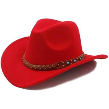 Imagem de Chapéus De Cowboy De Feltro Chapéu De Cowboy Ocidental Para Criança Aba Larga Trançado De Cowgirl Pulseira De Couro,Vermelho,Um Tamanho,YUYANAIAI