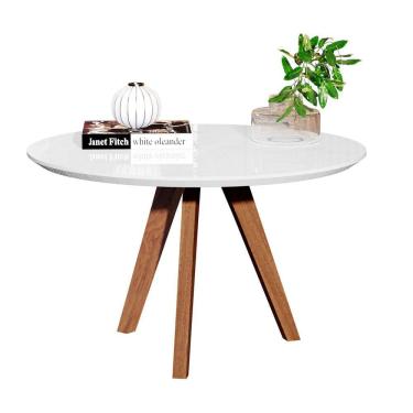 Imagem de Minimalista Mesa de Centro Redonda em MDF e Pés de Madeira Tampo Branco