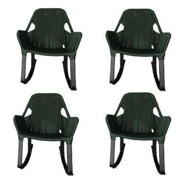 Imagem de Kit 4 Cadeiras De Balanço Athenas Corda Náutica Base Em Alumínio Preto-verde Musgo - Cor: Verde