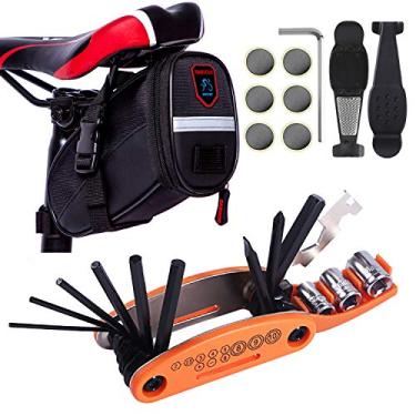 Imagem de YBEKI Kit de reparo de bicicleta 10 em 1 com alavancas de pneu 3 em 1, adesivos sem cola, chave óssea multifuncional e bolsa de selim à prova d'água | Kit compacto de ferramentas de bicicleta para