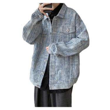 Imagem de Jaqueta jeans masculina estampada, caimento solto, com botões, casual, respirável, clássica, jaqueta de caminhoneiro, Azul-escuro, M