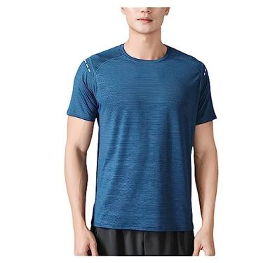 Imagem de Camiseta masculina atlética manga curta gola redonda de secagem rápida, lisa, elástica, leve, Azul, G