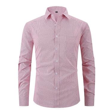 Imagem de Camisa social masculina de manga comprida slim fit abotoada xadrez bolso camisetas macias e confortáveis, Rosa, 3G
