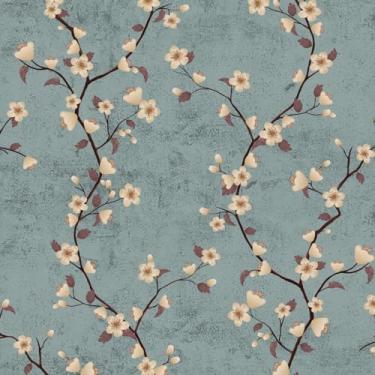 Imagem de Fvlow Papel de parede floral descascar e colar ramos de pêssego verde flores papel de parede vinil envoltório cozinha bancada cobertura autoadesivo vintage papel de contato para gavetas de armários