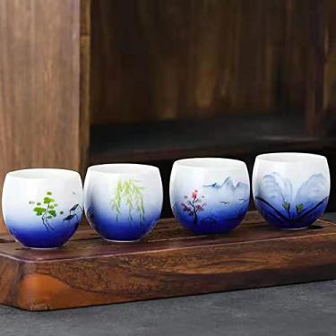 Imagem de Conjunto de quatro xícaras de chá de cerâmica tradicional de estilo chinês japonês desenhado à mão, conjunto de chá, xícara de chá kung fu, xícara de café (azul 2)