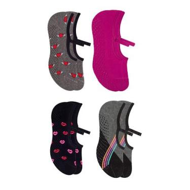 Imagem de 4 Pares De Meias Femininas Selene Pilates Antiderrapante Com Viés, Sor
