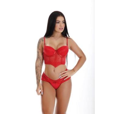 Imagem de Conjunto Lingerie sutiã bojo renda calcinha tanga fio duplo luxo femin