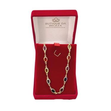 Imagem de Colar Feminino Folheado a Ouro Pedrinhas Coloridas 60cm Semijoia - But