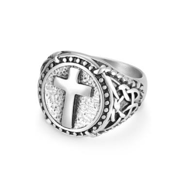 Imagem de SeiMios Anel de cruz para homens, aço inoxidável, nó celta, retrô, vintage, religioso, cristão, cruz, anel tamanho 7-12, Aço inoxidável, Sem pedra preciosa