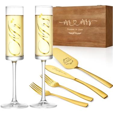 Imagem de Galaxozent Conjunto de 6 taças de champanhe de casamento e faca de bolo, presentes de casamento para noiva e noivo, presentes de inauguração de casa para chá de panela (ouro)