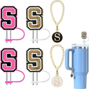 Imagem de Haundry Pacote com 4 capas de canudo para copo Stanley, tampa de palha reutilizável de 10 mm com 2 peças de acessórios de pingente de letra inicial para copo Stanley com alça, ouro rosa S