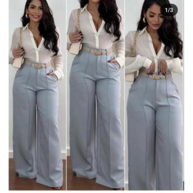 Imagem de Conjunto Feminino Alfaiataria calça pantalona e blusa social manga lon